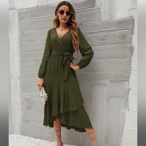 Surplice Neck Asymmetrical Ruffle Hem Belted Dress army green size:8/10